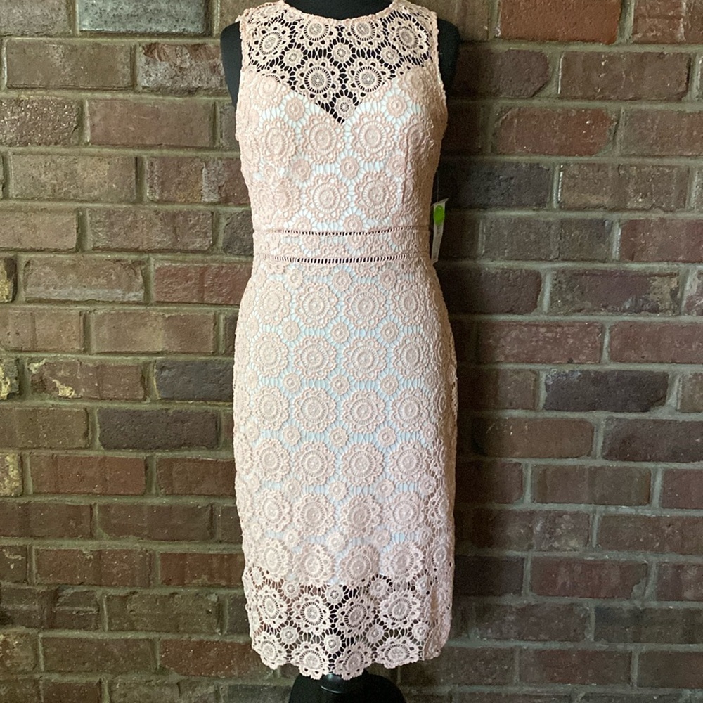 Premier Amour blush pink lace overlay sleeveless sweetheart sheath midi dress
